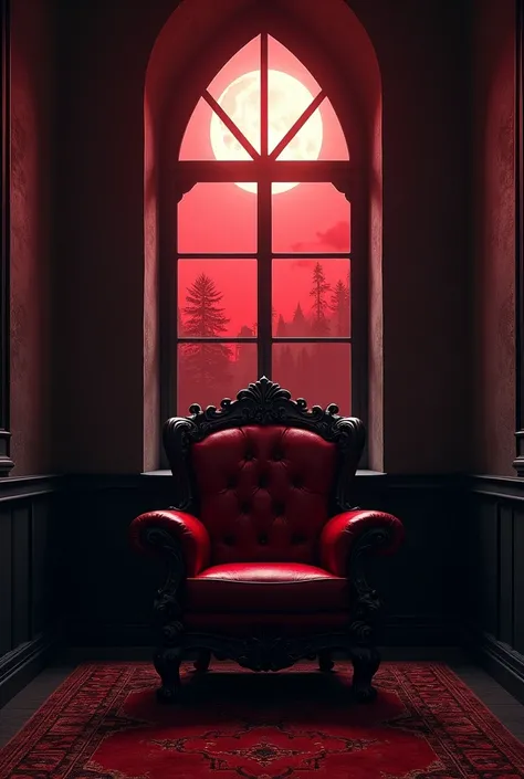 Gothic room in black and red with pointed blacksmith window with blacksmith dragons in the window. Bright full moon with red sky .  With Victorian leather armchair in red and black . in perspective. Without person