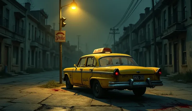 The same yellow taxi, abandoned under a streetlight, with dried blood on the window.
