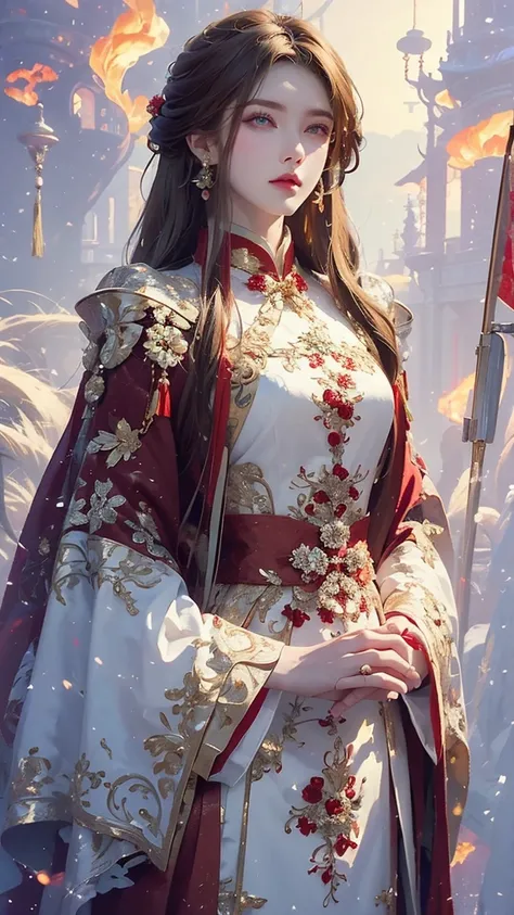 fantasy world，illustration，Fiery red lion ，Chinese woman with red hair next to her， next to a red long-haired woman wearing a red robe ，,  high detail, masterpiece, 