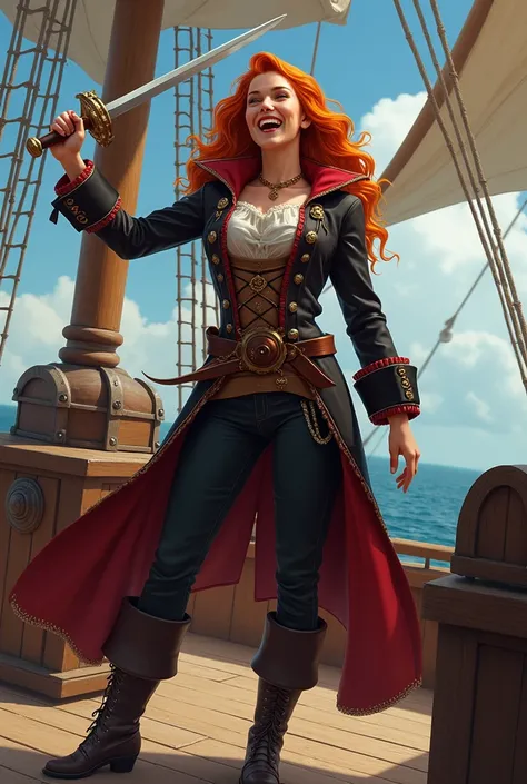 High quality beautiful redhead pirate laughs holding a sword on a ship big chest