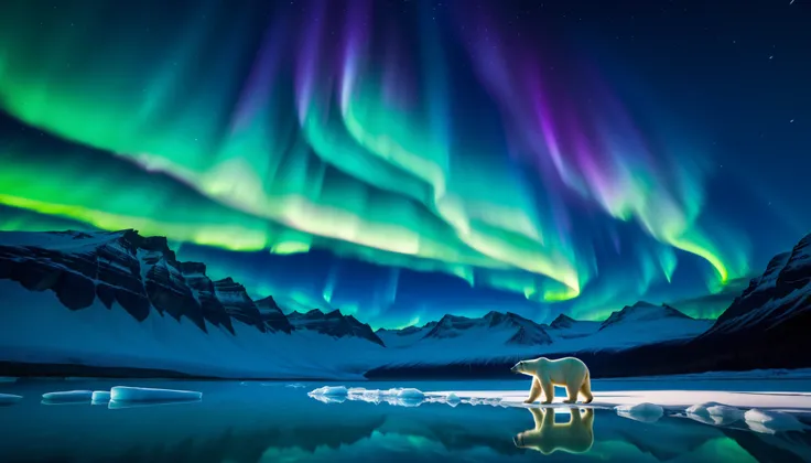 super high definition , high definition, High Quality ,Spectacular views, Imagine the amazing sight of auroras dancing through the night sky 。 over a vast glacier 、Bright green、Strong purple 、 bright blue spreads 。 BREAK The glacier extends to the horizon...