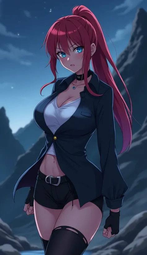   woman, ponytail, long  red hair, strong body, navy blue eyes,  angry expression , black open button down shirt, long white sleeveless, black shorts, black thigh-high socks with garter belt, black choker, black gloves, on a mountain at night  [[[  high qu...