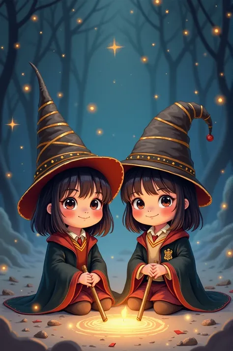 Drawing of two small, black-haired twin girls dressed in the Harry Potter theme, both wear a Harry Potter hat and a wand, both are sitting on the floor and around them are stars.