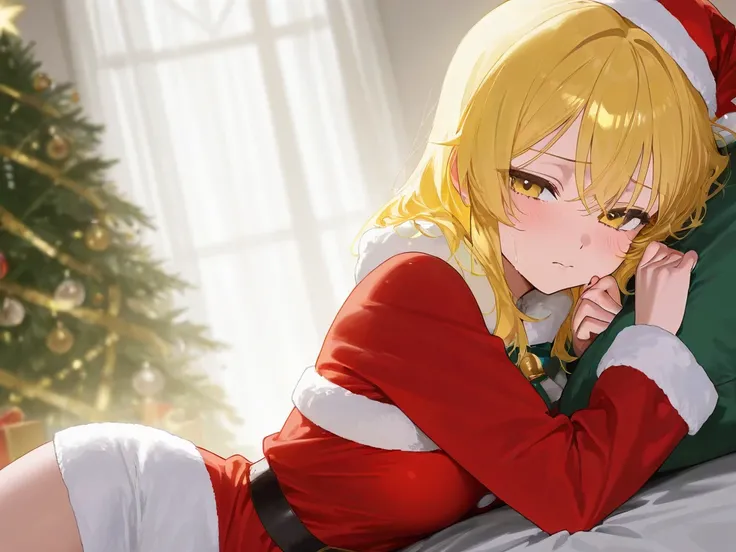 The sexy girl with yellow hair is making a sad expression in her Christmas costume