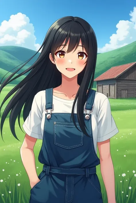  high image quality　 Japanese　Girl at a farm in Hokkaido　 overalls 　 black hair　 semi-long　Im energetic　 cleavage