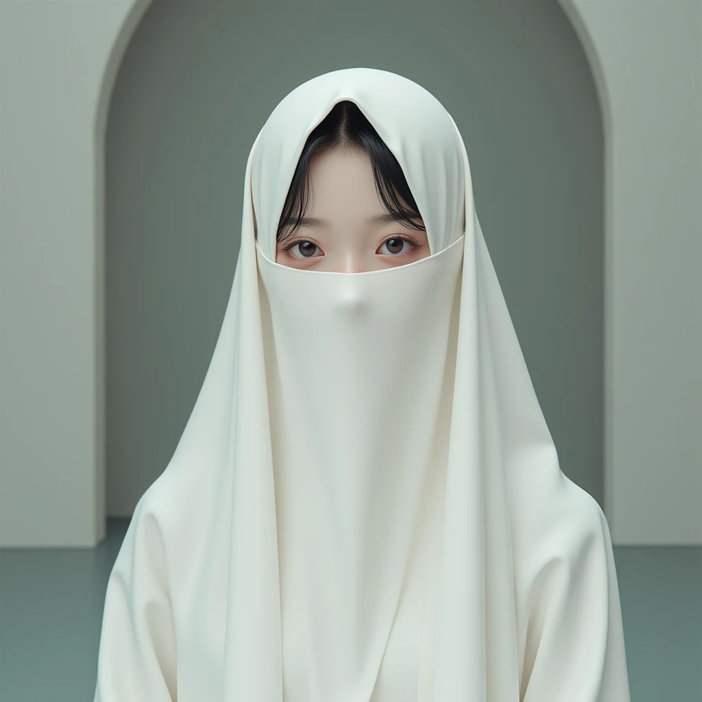 Japanese girl wearing a white niqab, face covered by the niqab, highly detailed, realism