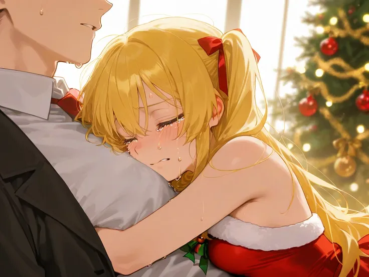 A sexy girl with yellow hair is crying and crying in a Christmas costume
