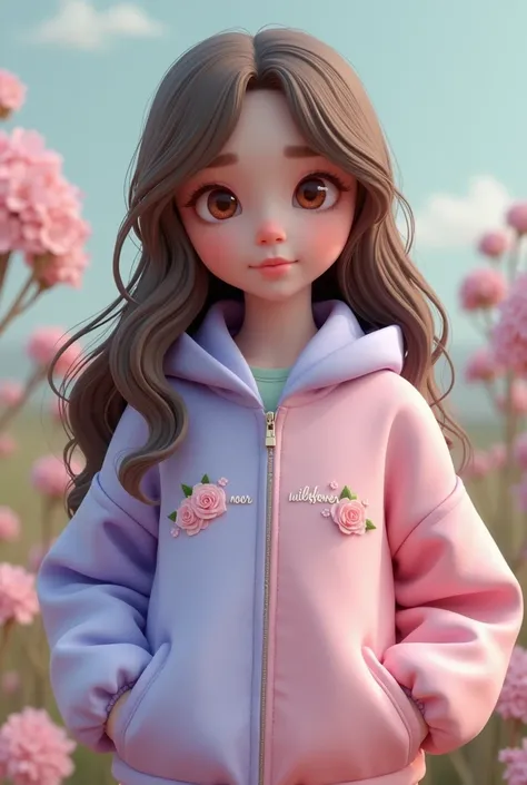 3D A girl with long brown hair and wearing a half light lavander half pastel pink jacket that says “NOOR WILDFLOWER”