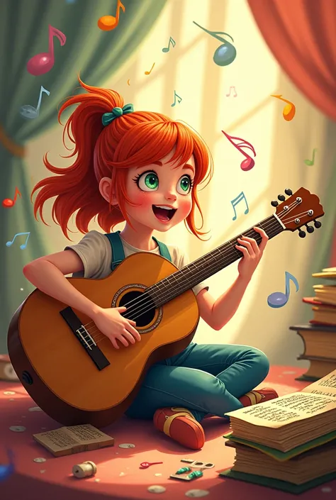 Art + guitarist ginger girl+ music notes+song book