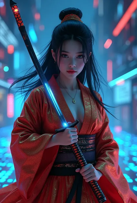 A photorealistic, high resolution image of a beautiful and elegant cyberpunk Japanese female samurai ((black hair)) is facing the viewer and wearing a glittering gold and red yukata while she using a realistic grip to hold a glittering katana (multi-colore...