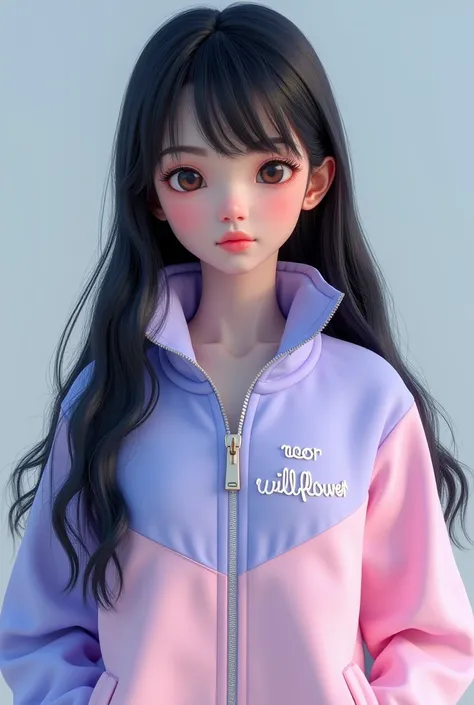 3D A girl with long black hair and wearing a half light lavander half pastel pink jacket that says “NOOR WILDFLOWER”