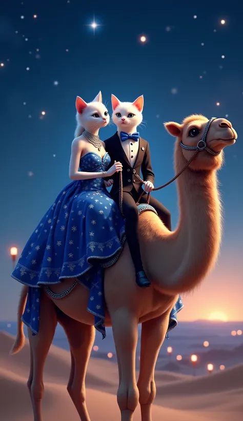  The Starry Camel Ride 🌌🐪
A stunning white female cat (age 18) and a charming white male cat (age 20) ride a magnificent camel under a starry desert sky, radiating love and elegance.

Female Cats Outfit: A royal blue saree adorned with silver stars, paired...