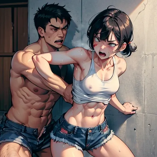 a girl streetfighter is (((cornered the wall of the backstreet and attacked  by a male streetfighter))). she is in a trable. (((a male fighter is striking the girl fighter who is bloody and crying))), dynamic battle action, muscular and sixpack abs body, c...