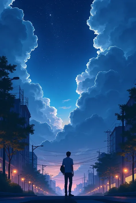 night, a man stands on the street in the city, Beautiful night sky, big clouds, anime style