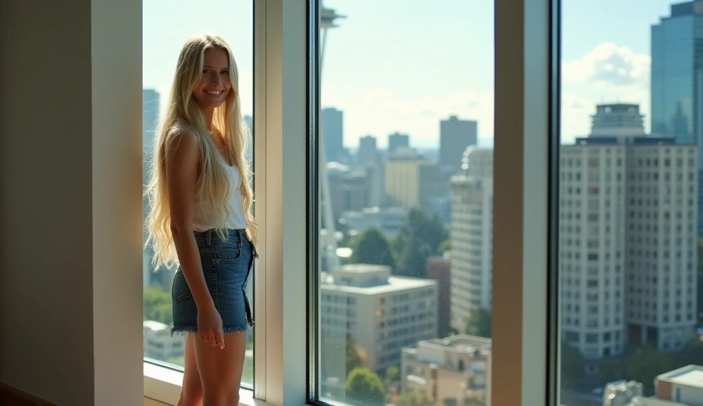  High quality. A real girl with 18 years old and has beyond floor length blonde hair and see her "whole" body standing on the right of floor to ceiling window, must see her whole body. The scenario of window shows summer city in Seattle city, US. This grap...