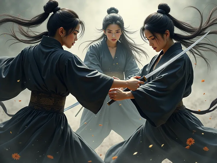 Three beautiful ninja goddesses are fighting with kunai in black kimono。