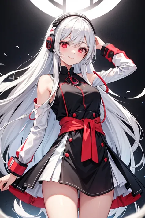  One Beautiful Girl 　Shows up to the waist　 long white hair　Red eyes　A cheerful smile　Black and white outfit　wired headphones　MP3 player