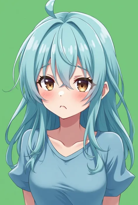 Light blue hair color,  shiny brown eyes ,  long hair, smaller face,  small nose,  big eyes,  small ears , tiny breast,  pale pink cheeks ,  girl in her 20s , green background,  a moody face , using a blue dress, furious,  anime style