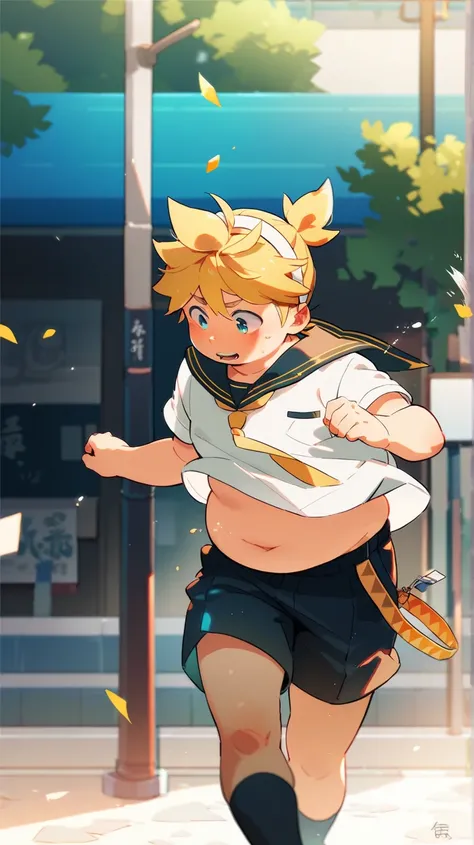 anime style, one boy, male , Kagamine Len, yellow hair color, slightly overweight, chubby body, school uniform, belly button exposed, belly spilling over the shorts, a bit embarrassed, walking on a street