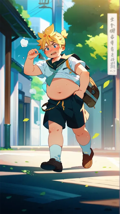 anime style, one boy, male , Kagamine Len, yellow hair color, slightly overweight, chubby body, school uniform, belly button exposed, belly spilling over the shorts, a bit embarrassed, walking on a street