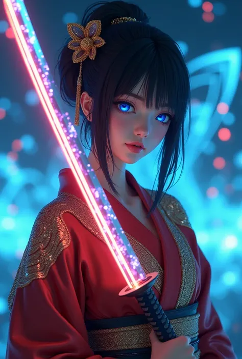 A photorealistic, high resolution image of a beautiful and elegant cyberpunk Japanese girl ((black hair)) and ((glowing blue eyes) is facing the viewer and wearing a conservative glittering gold and red yukata while she using a realistic grip to hold a gli...