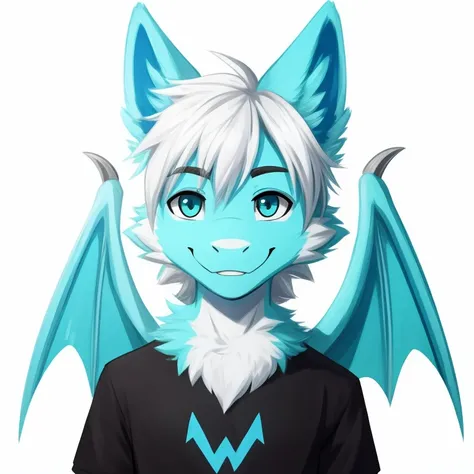 male, dragon, age 13, happy face, anthropomorphic, cyan and blue fur, cyan and white fluffy ears, white and cyan neck fur, black t shirt, white hair, cyan and white dragon wings, white background, high quality, 1 person