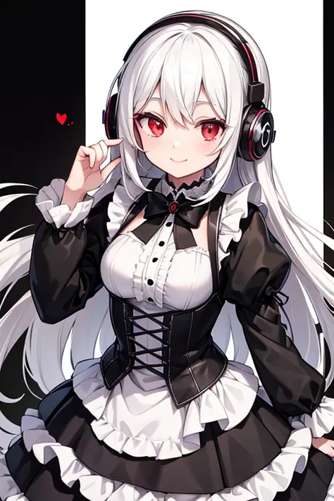  One Beautiful Girl 　Shows up to the waist　 long white hair　Red eyes　A cheerful smile　 Black and White Gothic Lolita Outfits　wired headphones　MP3 Player 