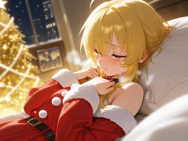 This sexy girl with yellow hair is crying and crying alone in a Christmas costume
