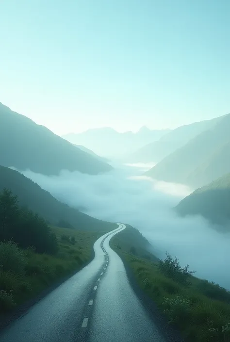  long downhill road 。The sky is clear without a single cloud 。 thin clouds on the ground。