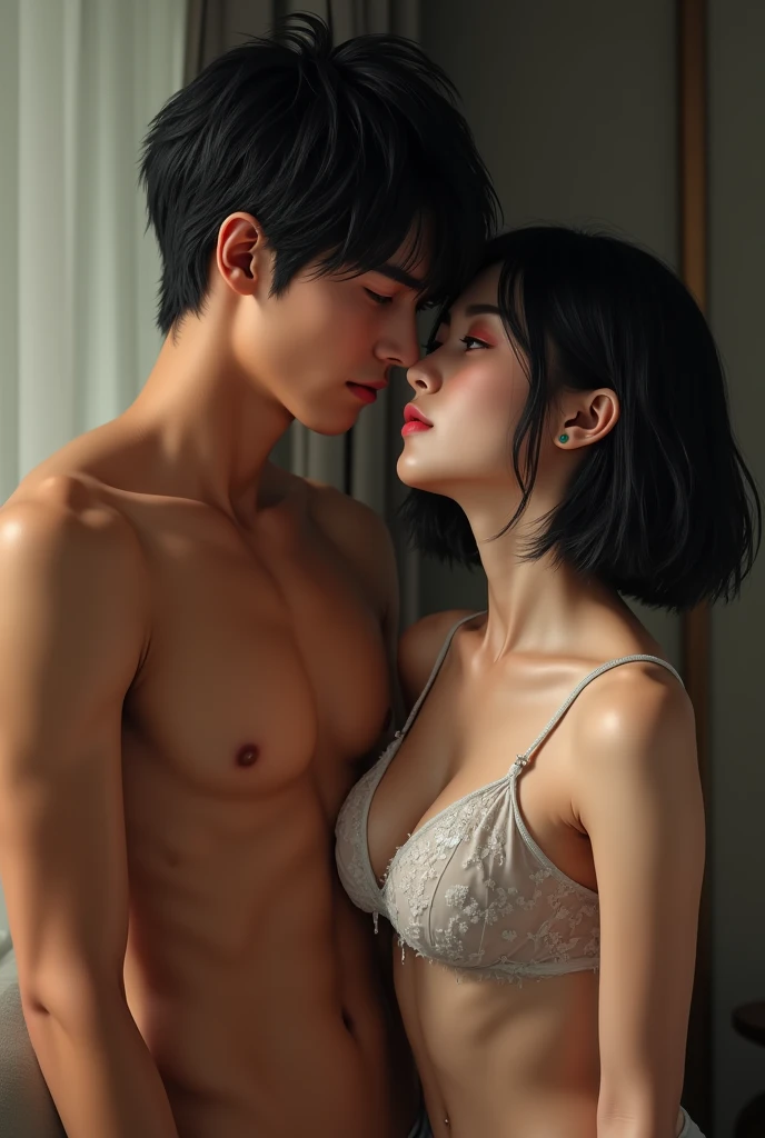 high quality, detailed, photo Realistic,( tanned japanese school boy), (detailed black eyes), (black short hair),(abs),(tanned dark brown shiny skin:1.4), flat chest, black tiny thong,(detailed nipples), car, (best quality,4k,8k,highres,masterpiece:1.2), (...