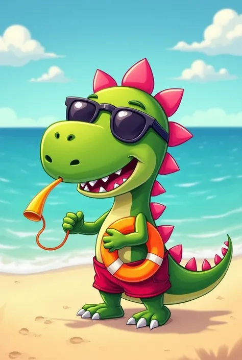  A green dinosaur wearing red shorts sunglasses a yellow whistle  ,  short and with pink spines on his head that go down to his back , with a lifesaver buoy in his hand 