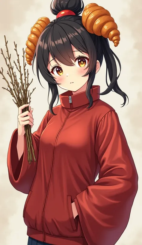  a  wearing a croissant ，The croissant is her hairstyle 。Carrying acacia branches ， in a red padded jacket， She is wearing a small red cotton jacket in the style of ancient China，Its a  ， Please create an anime style 