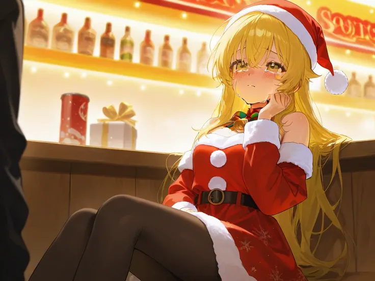 This sexy girl with yellow hair is crying and crying while sitting alone in a food stall alone in a Christmas costume