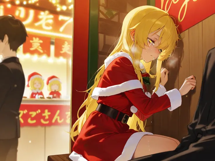 This sexy girl with yellow hair is crying and crying while sitting alone in a food stall alone in a Christmas costume