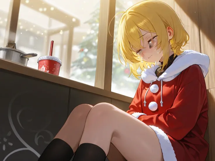 This sexy girl with yellow hair is crying and crying while sitting alone in a food stall alone in a Christmas costume
