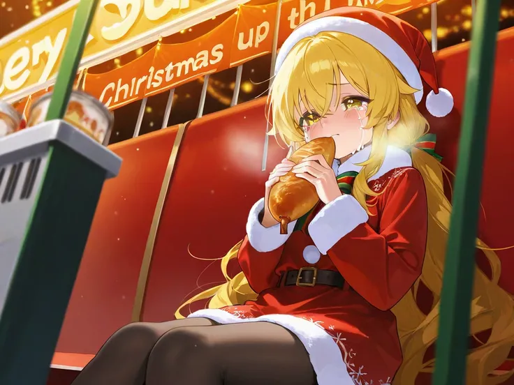 This sexy girl with yellow hair is crying and crying while sitting alone in a food stall alone in a Christmas costume
