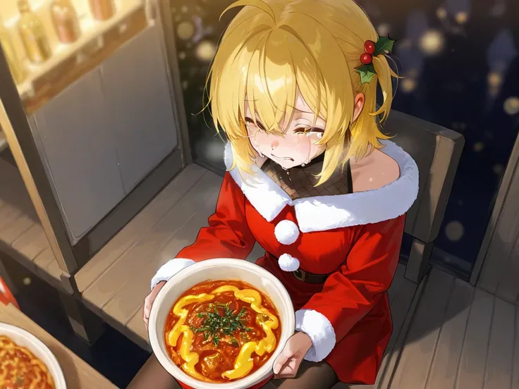 This sexy girl with yellow hair is crying and crying while sitting alone in a food stall alone in a Christmas costume
