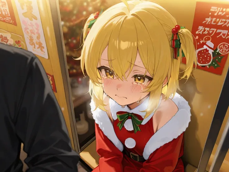 This sexy girl with yellow hair is crying and crying while sitting alone in a food stall alone in a Christmas costume
