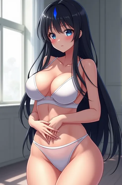  High-quality anime with huge big boobs long straight black hair with blue highlights sexy clothing + 18 sexy transparent and white panties almost revealing her private part sexy dental floss transparent white bra with a slutty blushing face clutching arou...