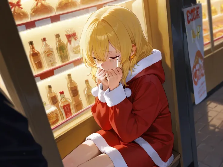 This sexy girl with yellow hair is crying and crying while sitting alone in a food stall alone in a Christmas costume
