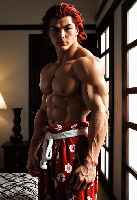 (art style of Boris Valejo) score_9, score_8_up, score_7_up, YujiroHanma, 1boy, male focus, solo, black Japanese Yukata intricate serpent embroidery open, black Bermuda trunks big bulge, muscular male, red hair, manly, veins, pupils, brown eyes, dynamic li...