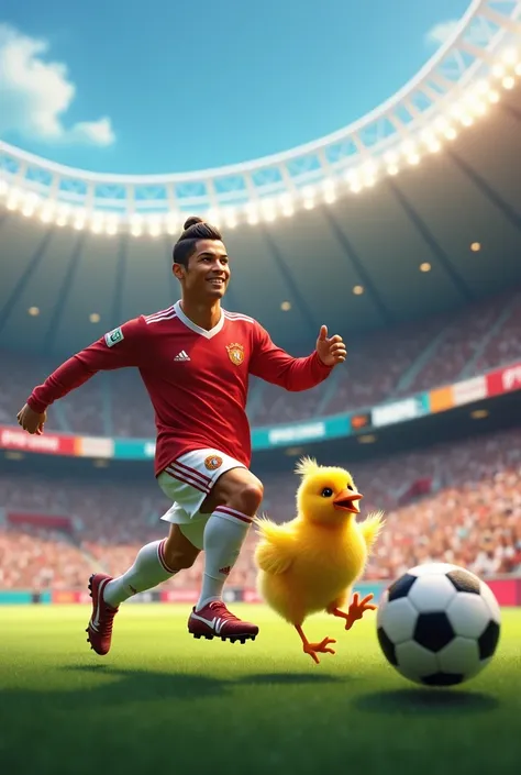 Create an image of Cristiano Ronaldo playing soccer with a chick who are both super happy in a stadium 