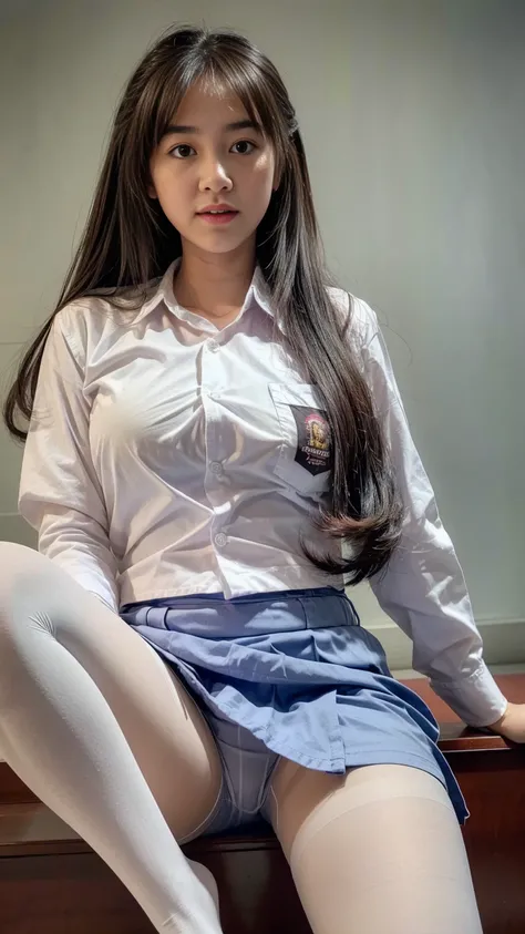 (best quality,4k,highres),ultra-detailed,realistic,cosplay,student uniform, unbutton clothes, mini skirt, skirt lift up, white pantyhose, open legs,beautiful woman,big breasts, show nipples detailed, pubic hair,vivid colors,portrait,soft lighting