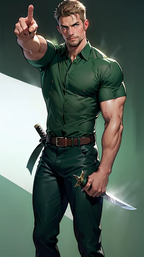 1 man, male focus solo,45 yo man,Stephen AMELL as green arrow,  lean muscle, ((open dark green shirt, dark green jeans with brown belt)) ,(( big bulge)), full body shot, dark blond short hair, well groomed facial hair, (((holding a sword with one hand, poi...