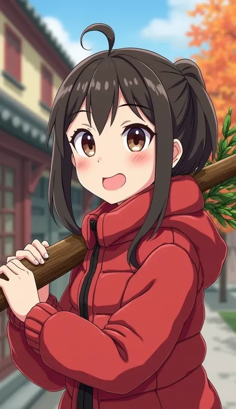 Carrying acacia branches ， in a red padded jacket， She is wearing a small red cotton jacket in the style of ancient China，Its a  ，Make a funny face at others。 Please create an anime style 