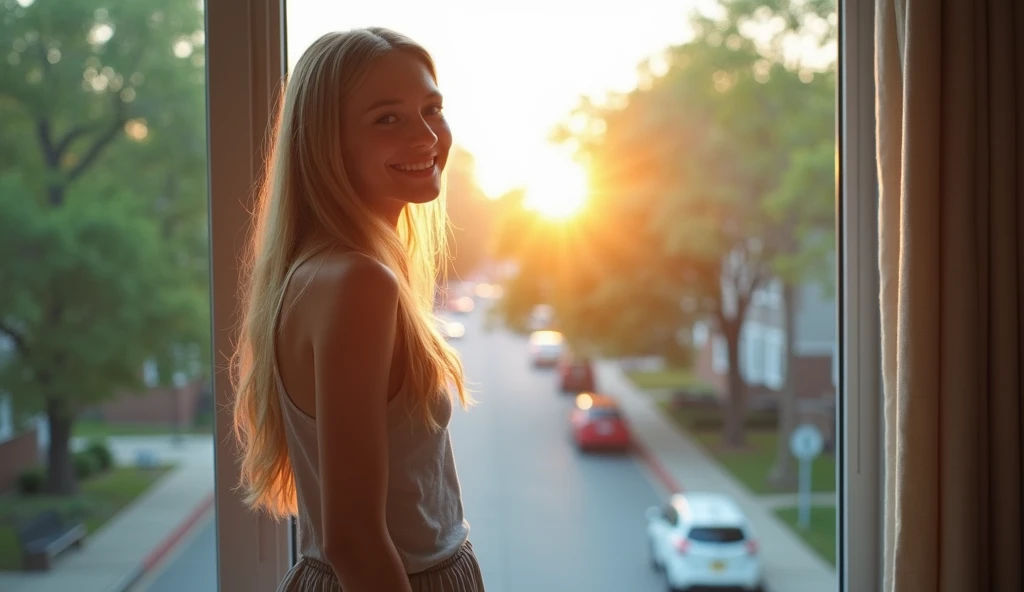  High quality. A real girl with 18 years old and has beyond floor length blonde hair and see her "whole" body standing on the right of floor to ceiling window, must see her whole body. The scenario of window shows summer city in Ann Arbor city, US. This gr...