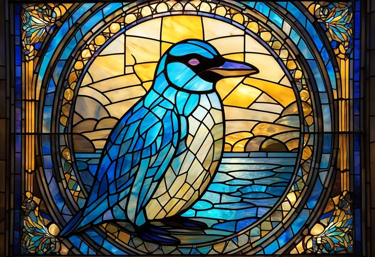  a penguin in a  stained glass  window,  vector art by Matt Stewart, シャッターストック, Art Deco, glowing  stained glass  backdrop, golden twilight  stained glass ,  stained glass  art, backlit  stained glass , blue penguin, anthropomorphic penguin,  stained glass...