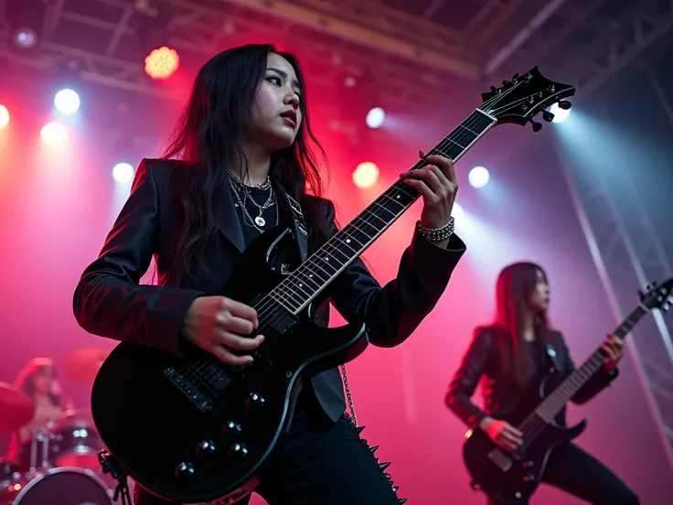 12yo girl Chinese black metal band, pretty face,guitar solo,metal face  paint, open air on stages,vivid light,4k ultra,metal band,rock band.spike and chain, rocking 