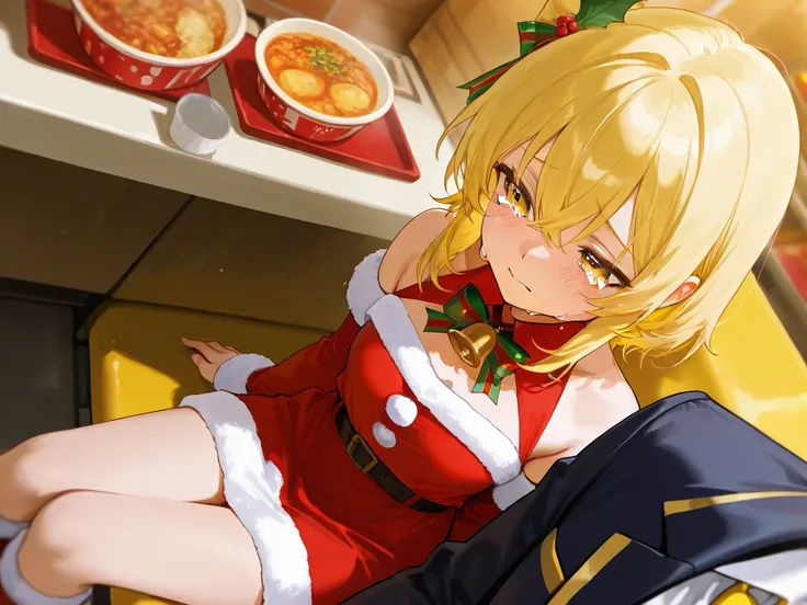 This sexy girl with yellow hair is crying and crying while sitting alone in a food stall alone in a Christmas costume