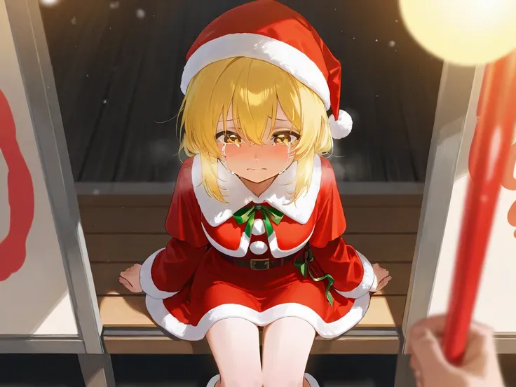 This sexy girl with yellow hair is crying and crying while sitting alone in a food stall alone in a Christmas costume